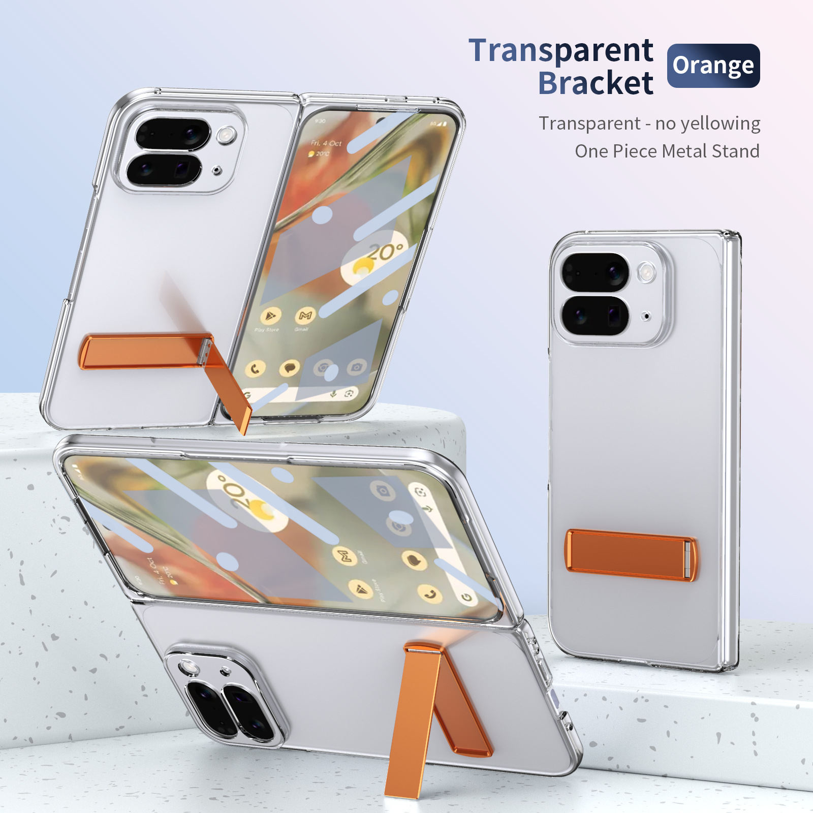 Transparent case, stand, screen protector, and drop protection for Google Pixel 10/9 Pro Fold phones.
