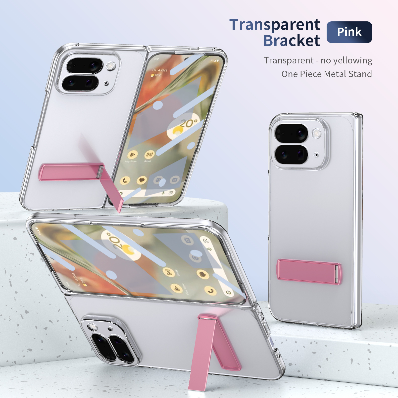Transparent case, stand, screen protector, and drop protection for Google Pixel 10/9 Pro Fold phones.