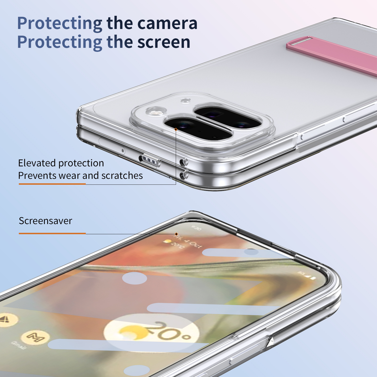 Transparent case, stand, screen protector, and drop protection for Google Pixel 10/9 Pro Fold phones.