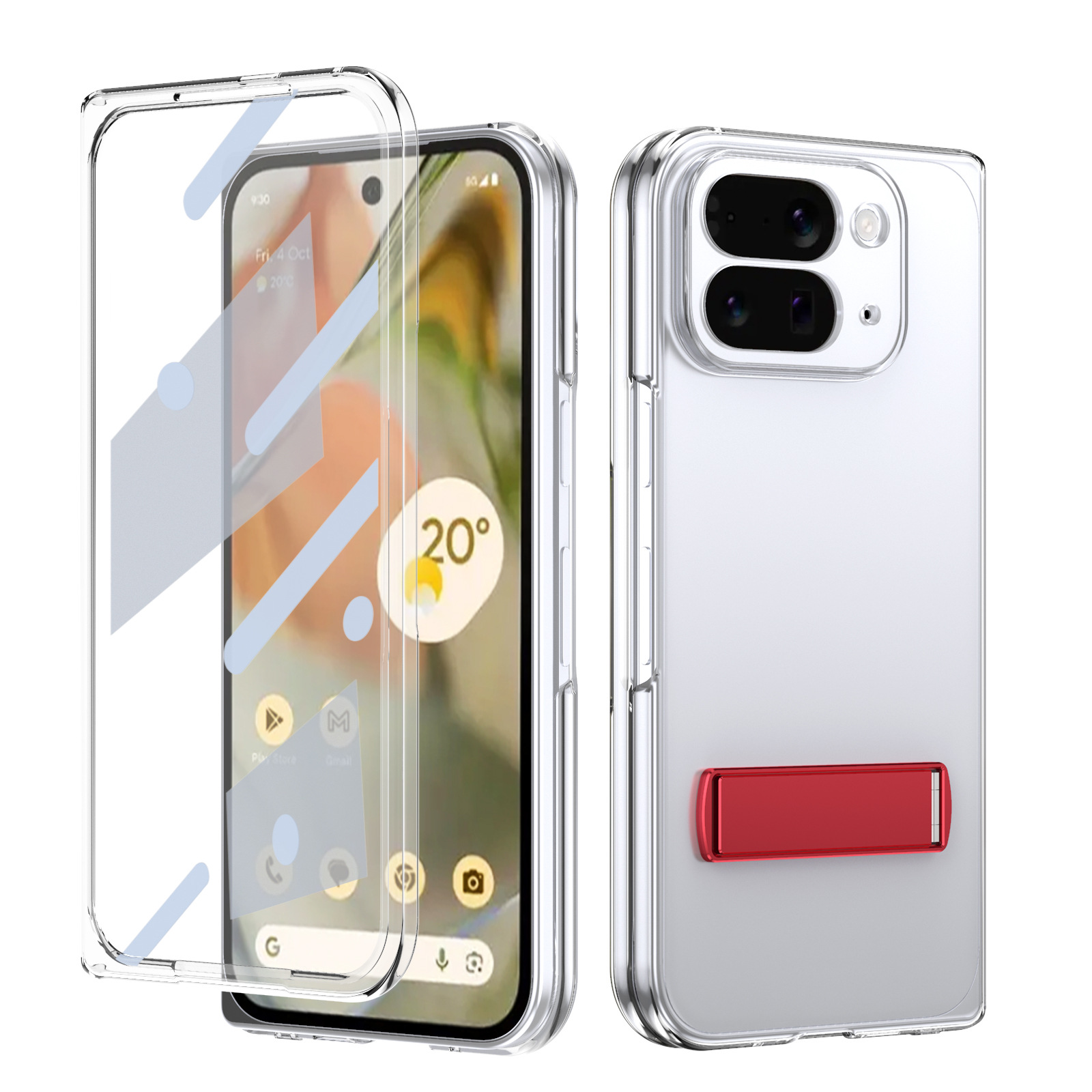 Transparent case, stand, screen protector, and drop protection for Google Pixel 10/9 Pro Fold phones.