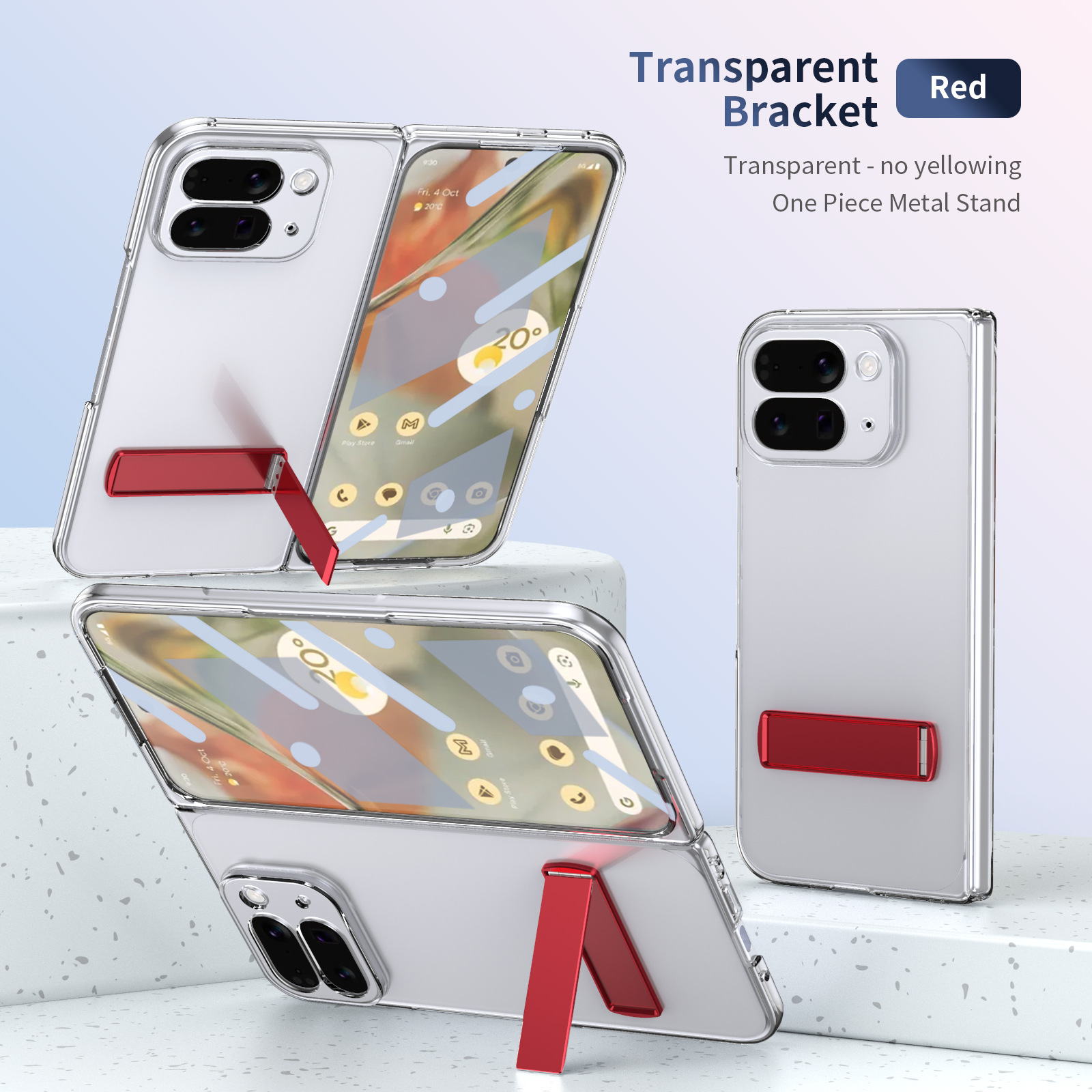 Transparent case, stand, screen protector, and drop protection for Google Pixel 10/9 Pro Fold phones.