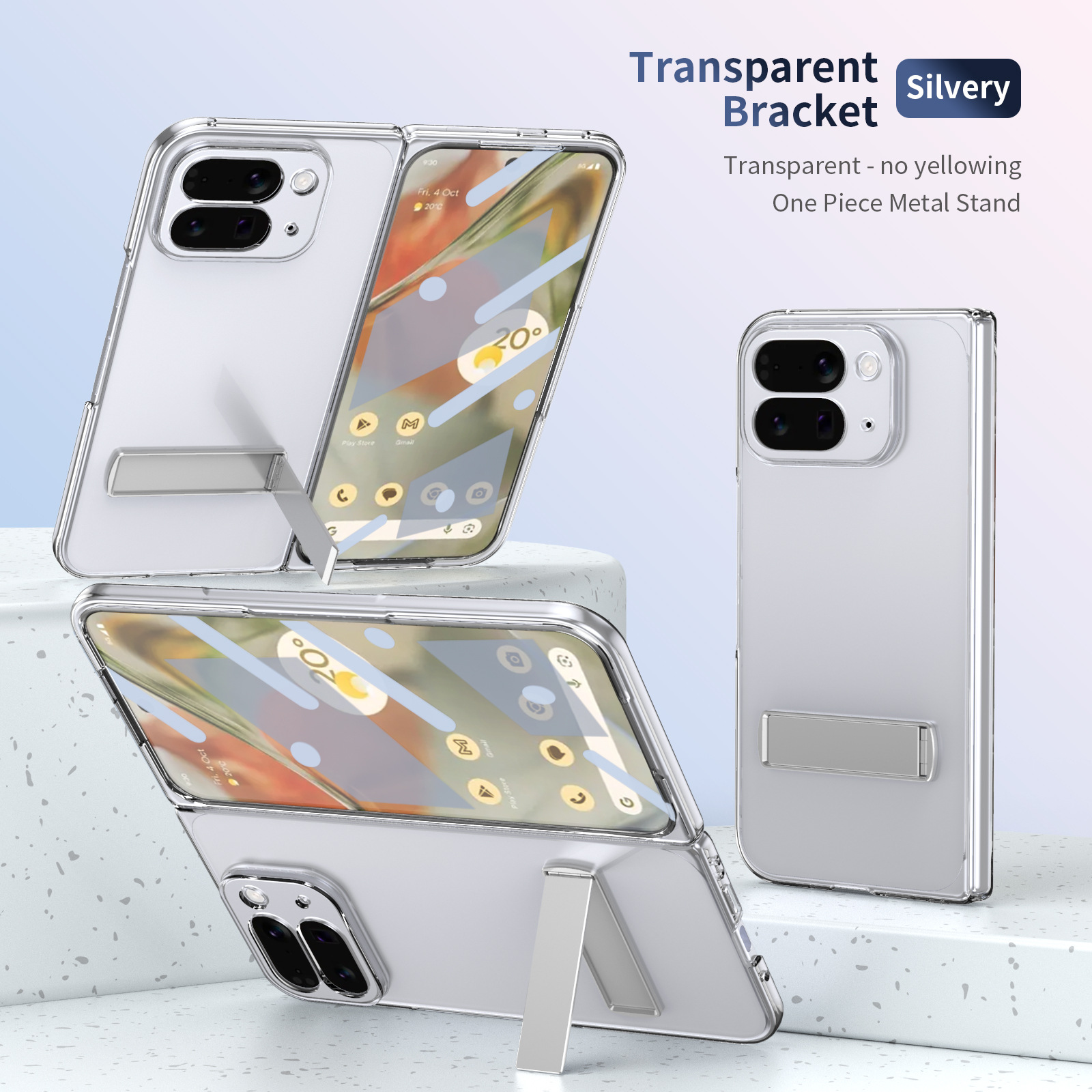 Transparent case, stand, screen protector, and drop protection for Google Pixel 10/9 Pro Fold phones.