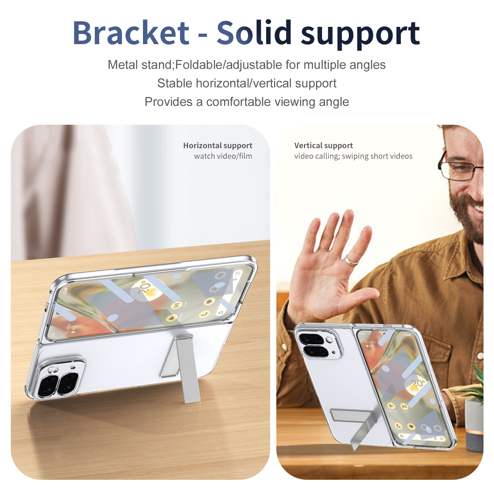 Transparent case, stand, screen protector, and drop protection for Google Pixel 10/9 Pro Fold phones.