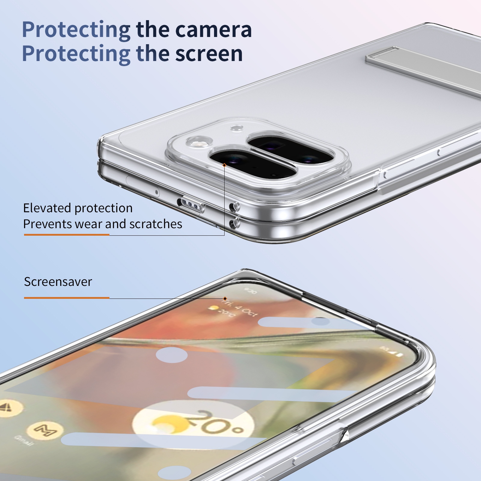 Transparent case, stand, screen protector, and drop protection for Google Pixel 10/9 Pro Fold phones.