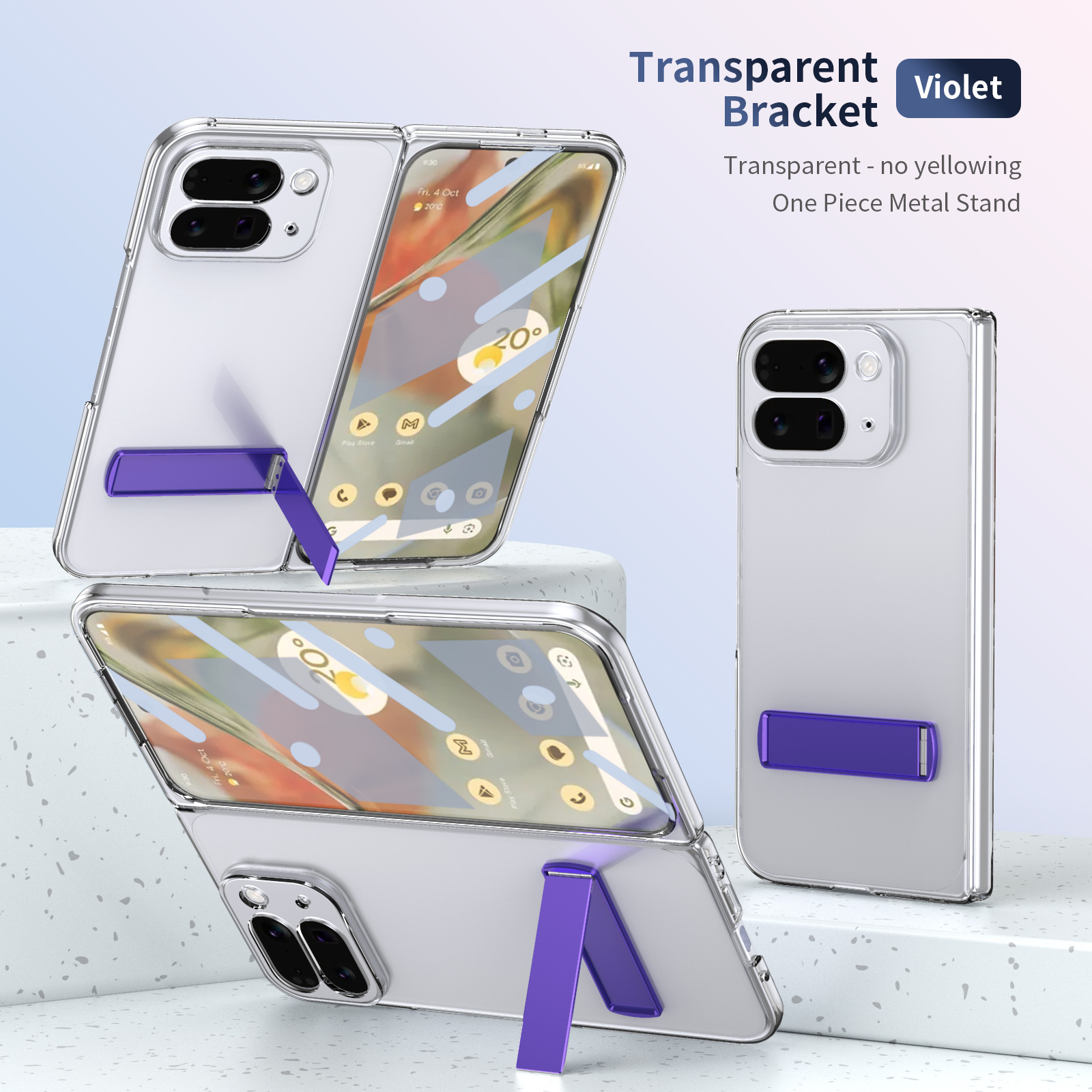 Transparent case, stand, screen protector, and drop protection for Google Pixel 10/9 Pro Fold phones.