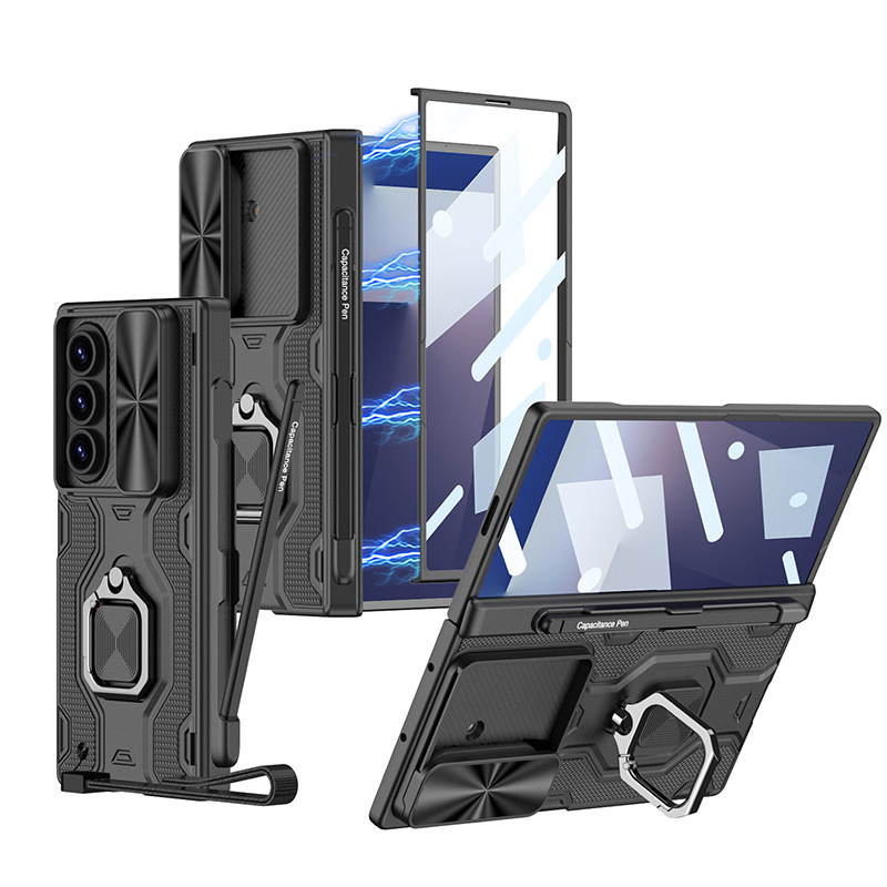 Compatible with Samsung Z Fold7 phone case, sliding window lens ring holder, lanyard, magnetic hinge, full-coverage protective case