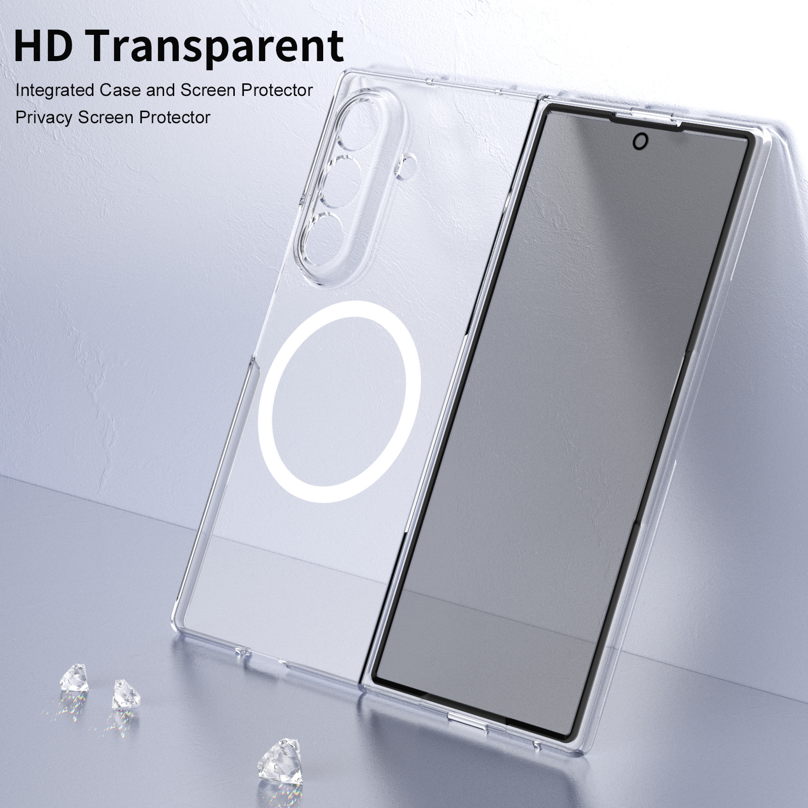 Compatible with Samsung Z Fod7 transparent phone case, foldable screen privacy case, screen protector, wireless charging, magnetic attachment, ultra-thin protection