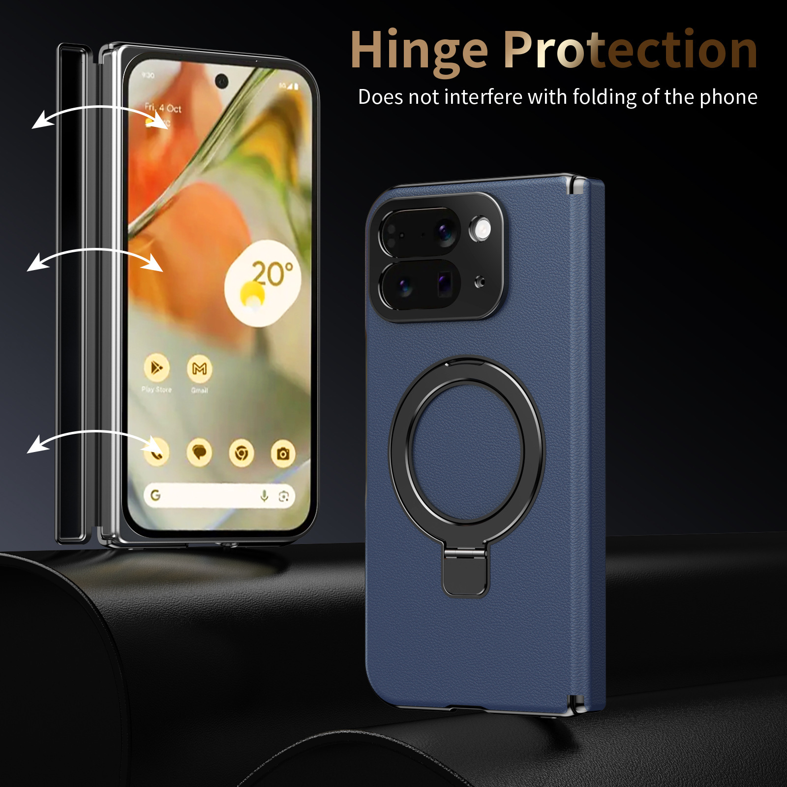Compatible with Google Pixel 10/9 Fold phone case, magnetic ring holder, hinge case, full-coverage protective case.