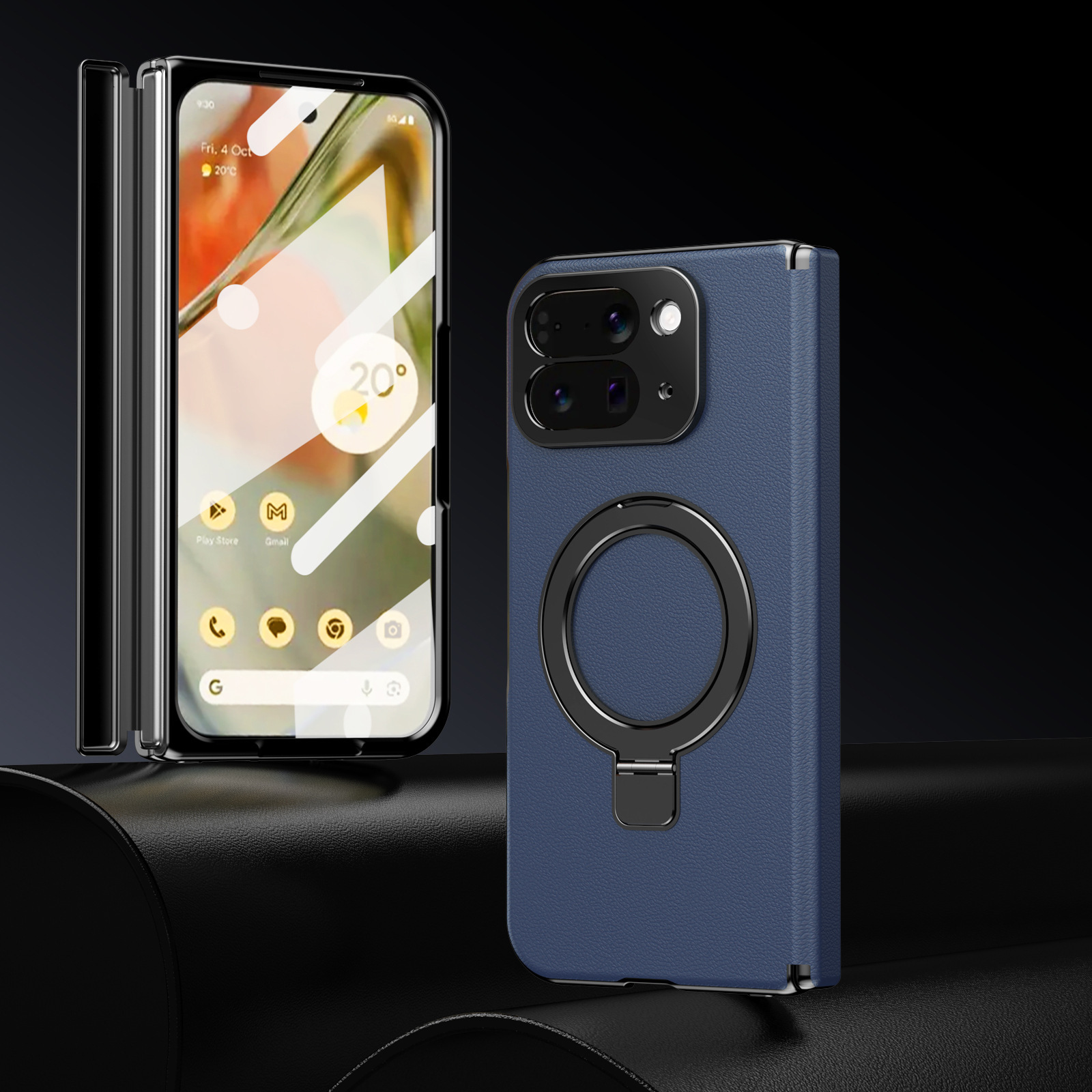 Compatible with Google Pixel 10/9 Fold phone case, magnetic ring holder, hinge case, full-coverage protective case.