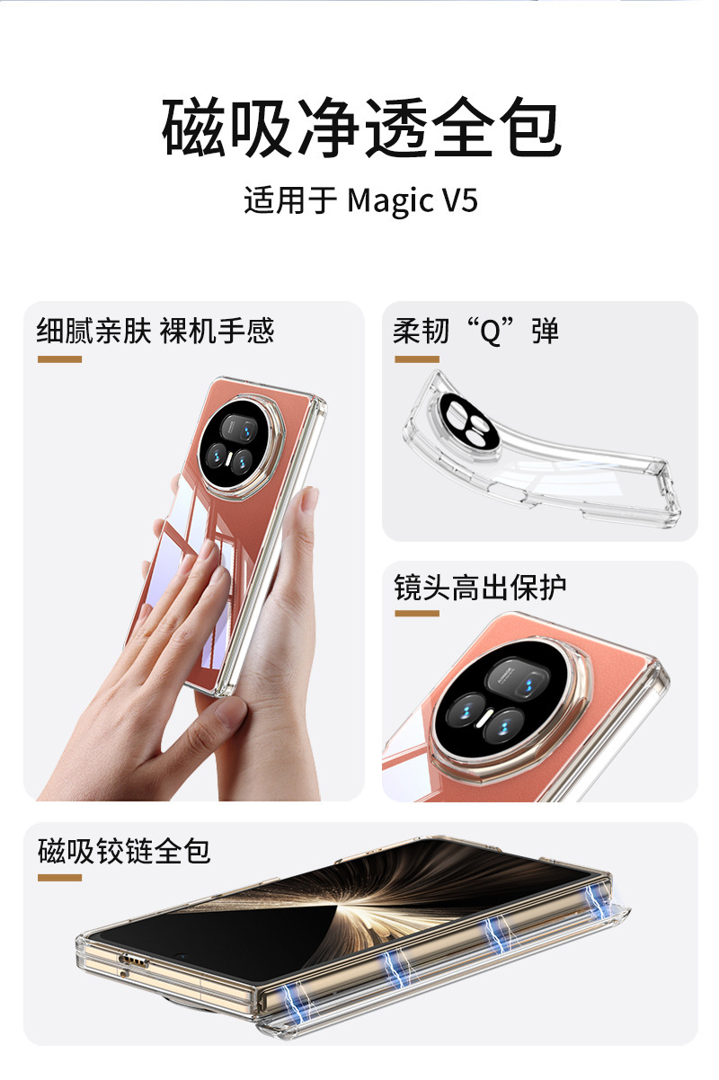 Transparent TPU soft case with built-in magnetic central axis back cover for Honor Magic V5 phone