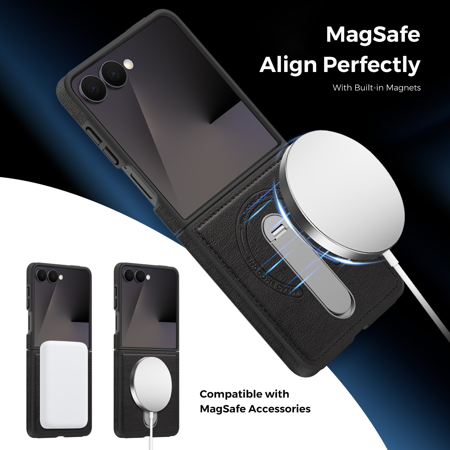 Compatible with Samsung Z Flip 8/7 phone case, 6/5 vegan leather, magnetic 360° rotating stand, 4/3 folding screen protective case