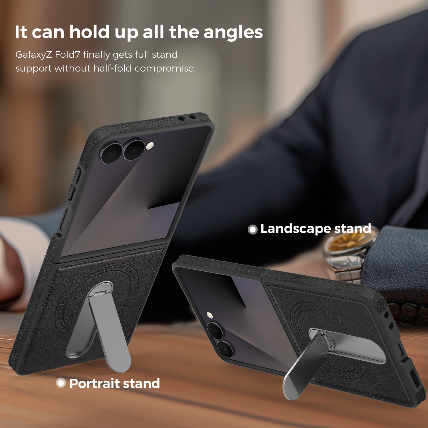 Compatible with Samsung Z Flip 8/7 phone case, 6/5 vegan leather, magnetic 360° rotating stand, 4/3 folding screen protective case