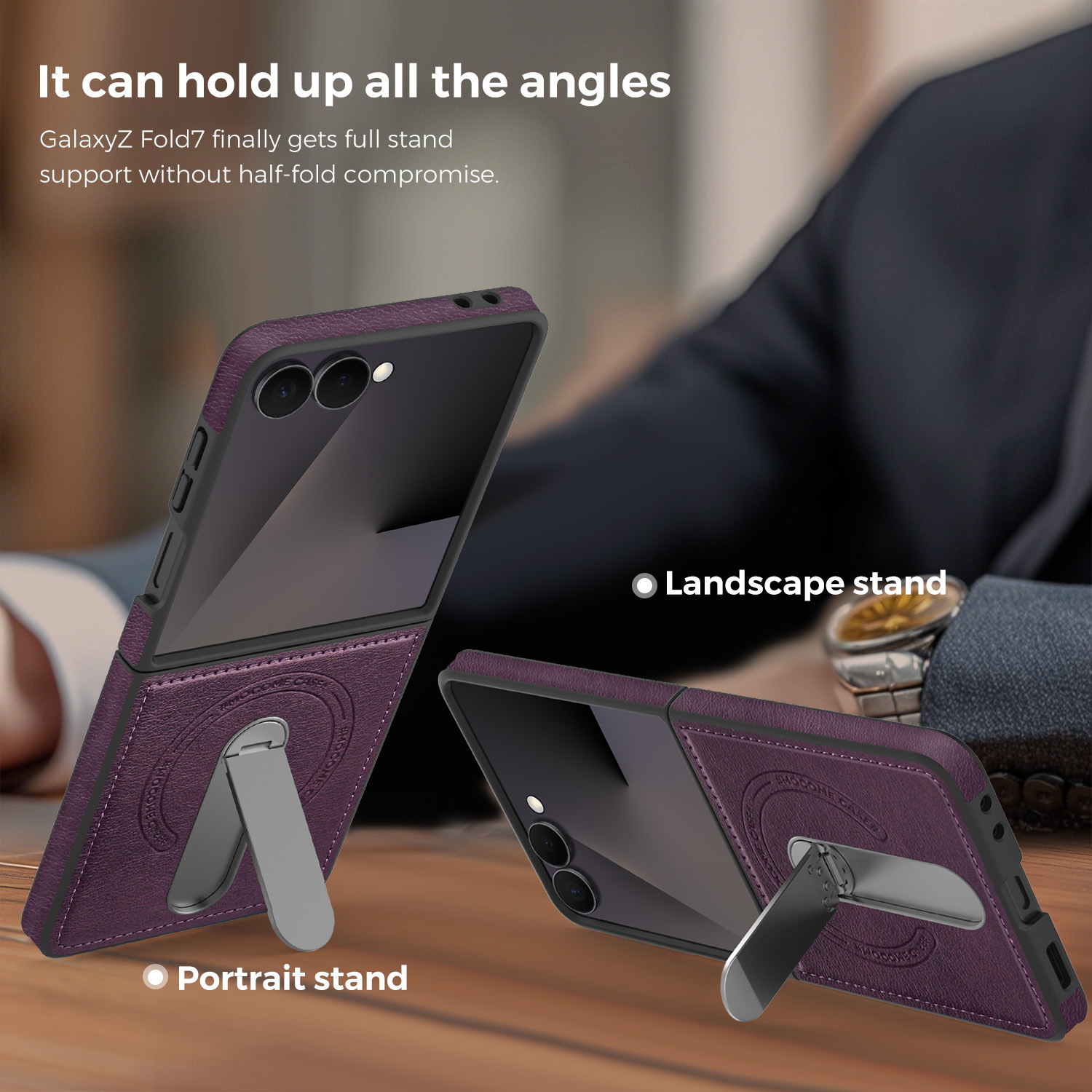 Compatible with Samsung Z Flip 8/7 phone case, 6/5 vegan leather, magnetic 360° rotating stand, 4/3 folding screen protective case