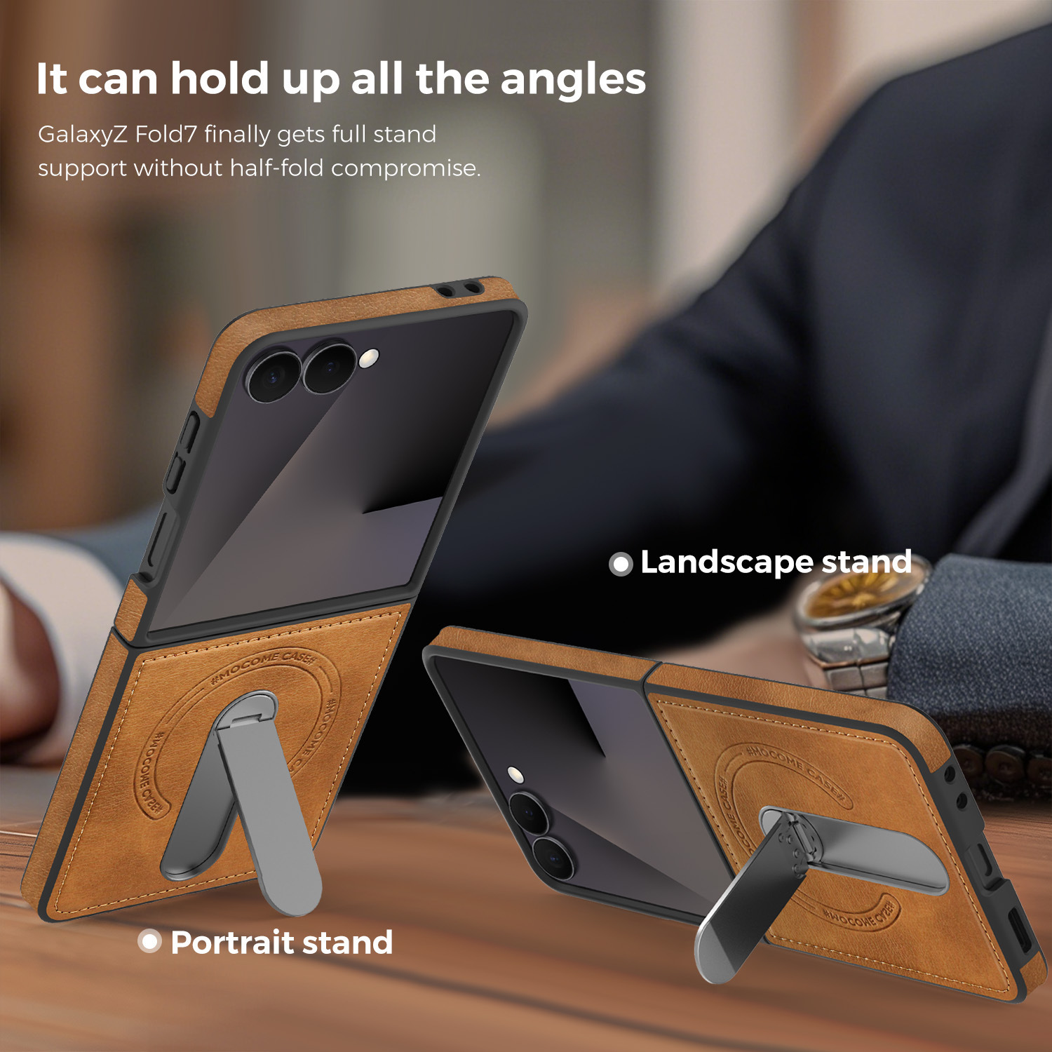 Compatible with Samsung Z Flip 8/7 phone case, 6/5 vegan leather, magnetic 360° rotating stand, 4/3 folding screen protective case