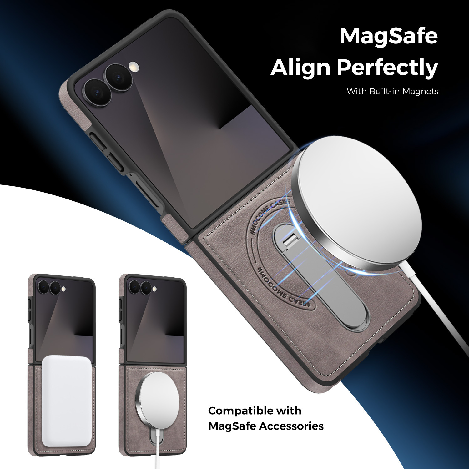 Compatible with Samsung Z Flip 8/7 phone case, 6/5 vegan leather, magnetic 360° rotating stand, 4/3 folding screen protective case