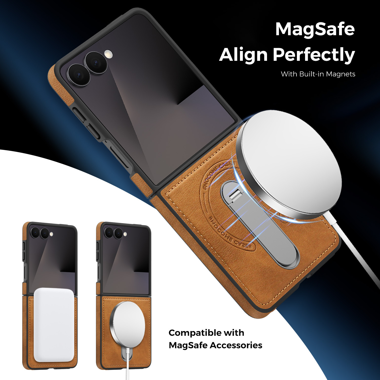 Compatible with Samsung Z Flip 8/7 phone case, 6/5 vegan leather, magnetic 360° rotating stand, 4/3 folding screen protective case