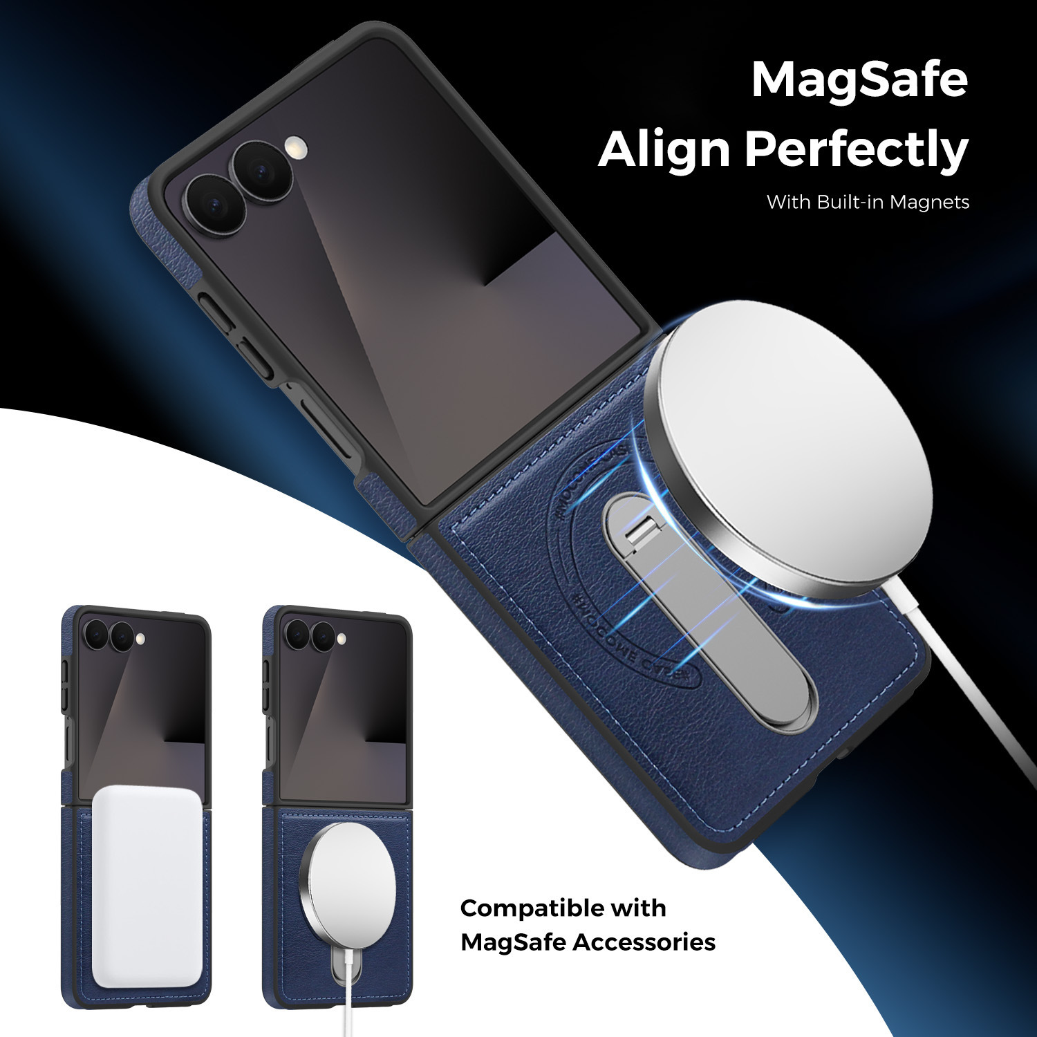 Compatible with Samsung Z Flip 8/7 phone case, 6/5 vegan leather, magnetic 360° rotating stand, 4/3 folding screen protective case