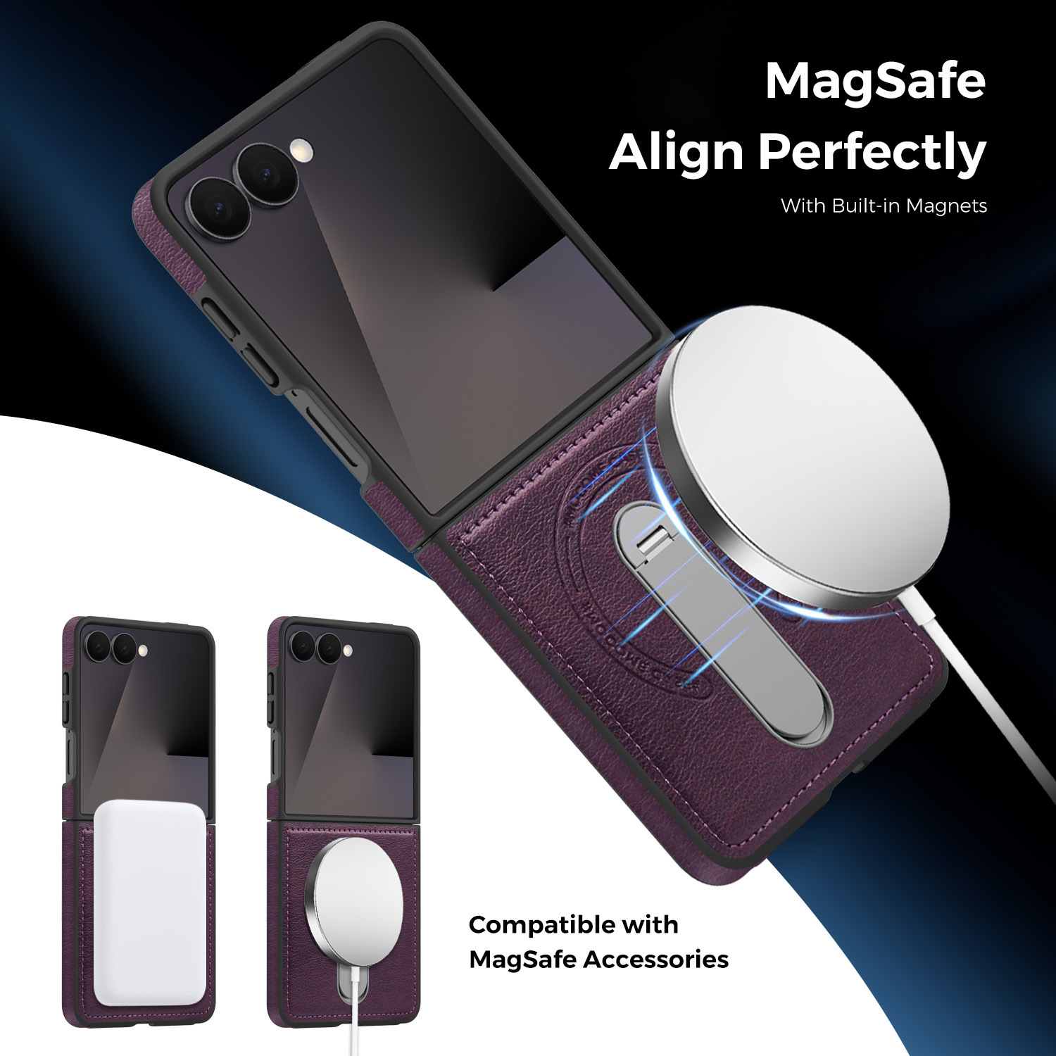 Compatible with Samsung Z Flip 8/7 phone case, 6/5 vegan leather, magnetic 360° rotating stand, 4/3 folding screen protective case