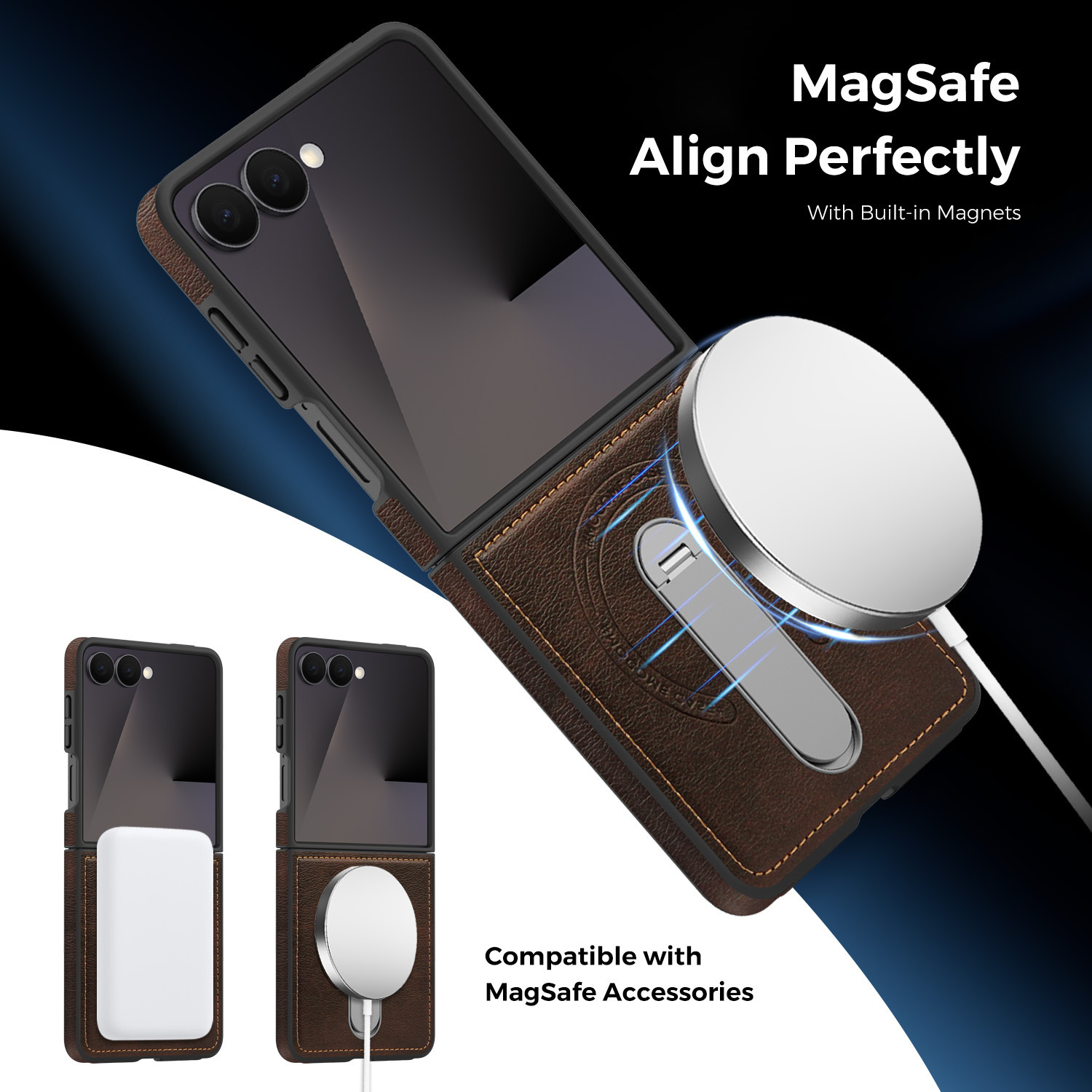 Compatible with Samsung Z Flip 8/7 phone case, 6/5 vegan leather, magnetic 360° rotating stand, 4/3 folding screen protective case