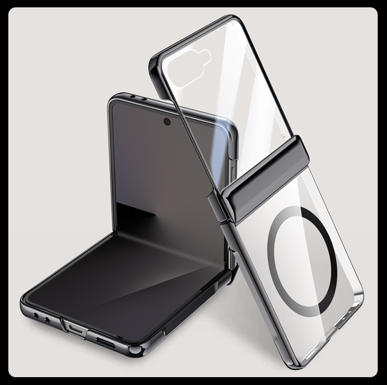 Compatible with Samsung Z Flip 8/7 phone case, transparent electroplated, wireless charging, magnetic clasp, film, hinge, full-coverage protective case.