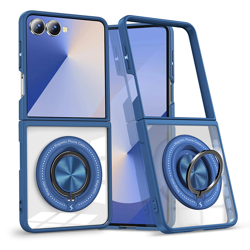 Compatible with Samsung Z Flip 7/6/5 phone case, 360° rotating stand, magnetic wireless charging, transparent drop-proof protective case.