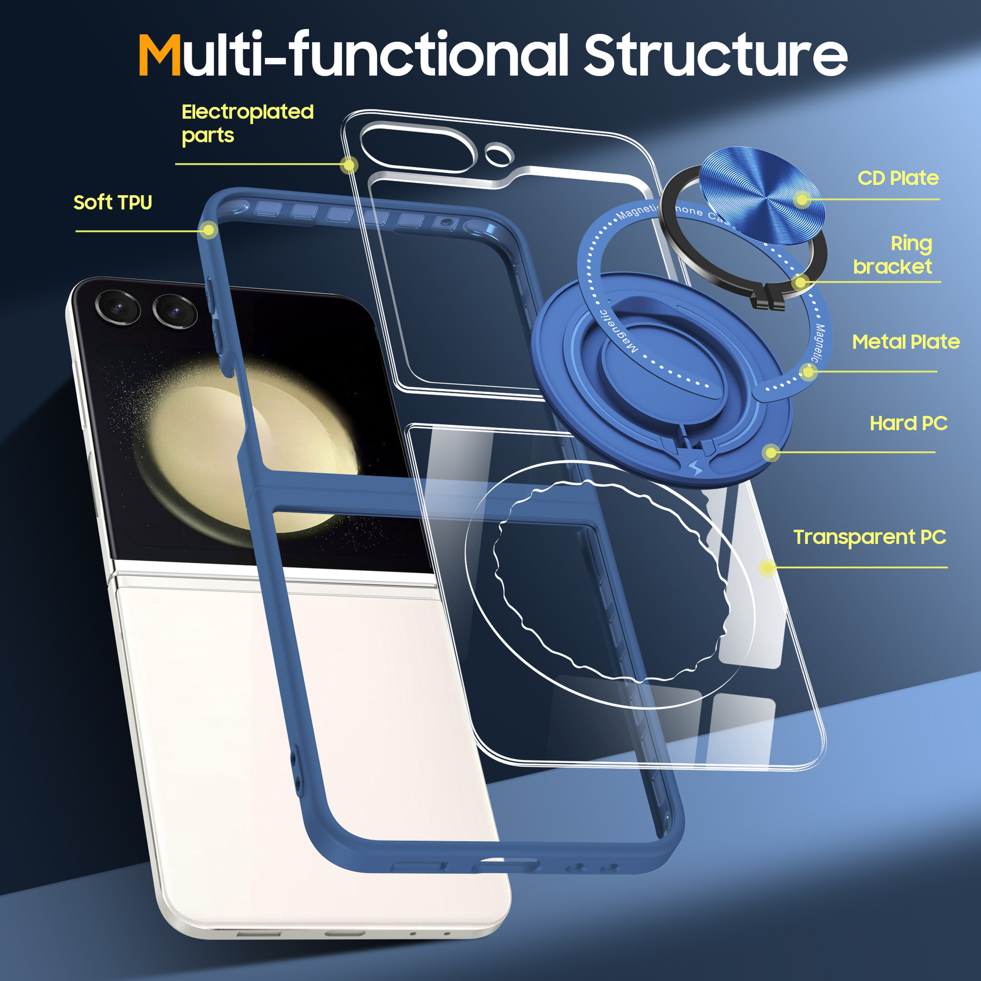Compatible with Samsung Z Flip 7/6/5 phone case, 360° rotating stand, magnetic wireless charging, transparent drop-proof protective case.