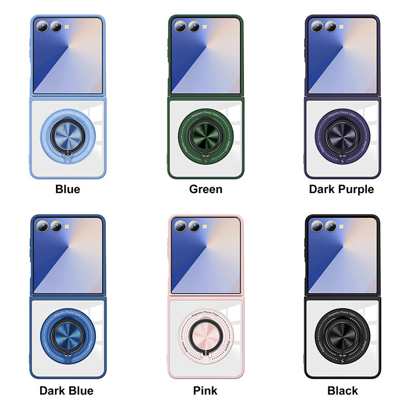 Compatible with Samsung Z Flip 7/6/5 phone case, 360° rotating stand, magnetic wireless charging, transparent drop-proof protective case.