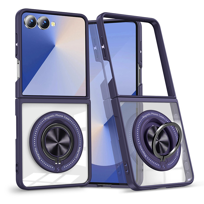 Compatible with Samsung Z Flip 7/6/5 phone case, 360° rotating stand, magnetic wireless charging, transparent drop-proof protective case.