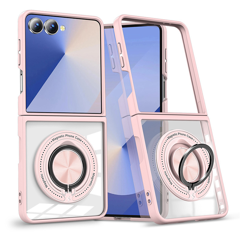Compatible with Samsung Z Flip 7/6/5 phone case, 360° rotating stand, magnetic wireless charging, transparent drop-proof protective case.