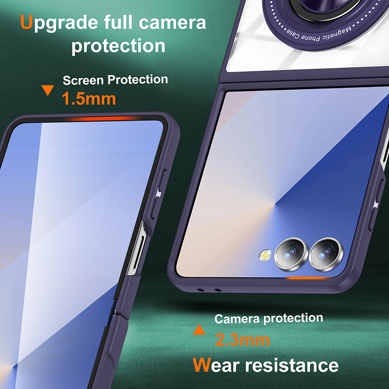Compatible with Samsung Z Flip 7/6/5 phone case, 360° rotating stand, magnetic wireless charging, transparent drop-proof protective case.