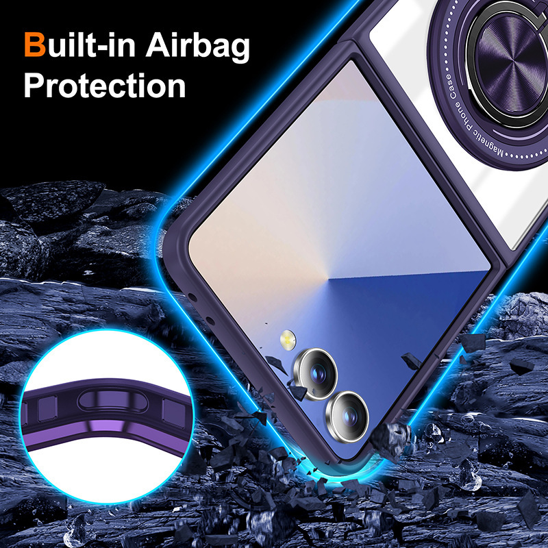 Compatible with Samsung Z Flip 7/6/5 phone case, 360° rotating stand, magnetic wireless charging, transparent drop-proof protective case.