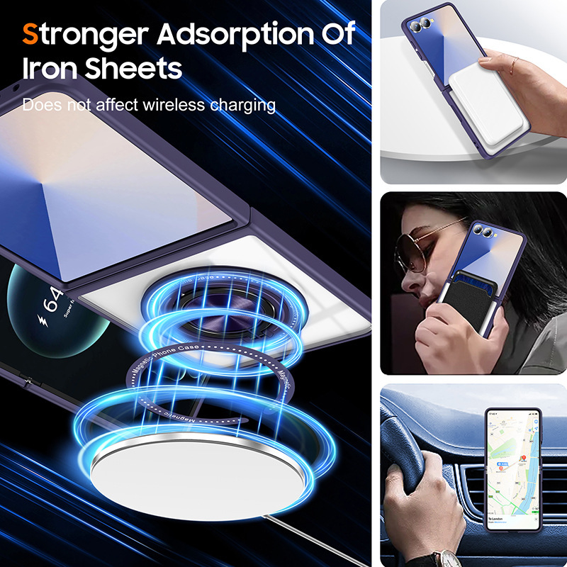 Compatible with Samsung Z Flip 7/6/5 phone case, 360° rotating stand, magnetic wireless charging, transparent drop-proof protective case.