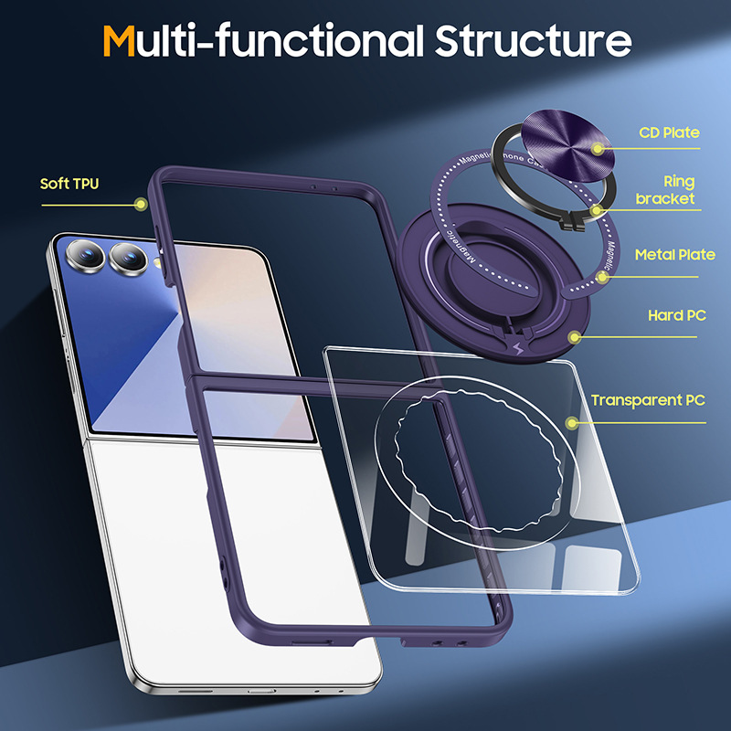 Compatible with Samsung Z Flip 7/6/5 phone case, 360° rotating stand, magnetic wireless charging, transparent drop-proof protective case.