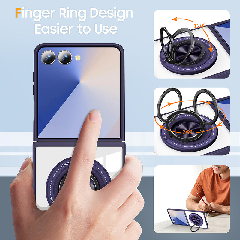 Compatible with Samsung Z Flip 7/6/5 phone case, 360° rotating stand, magnetic wireless charging, transparent drop-proof protective case.