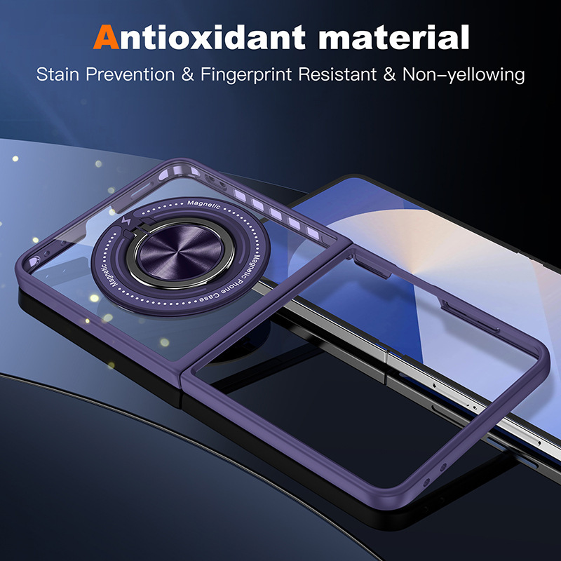 Compatible with Samsung Z Flip 7/6/5 phone case, 360° rotating stand, magnetic wireless charging, transparent drop-proof protective case.
