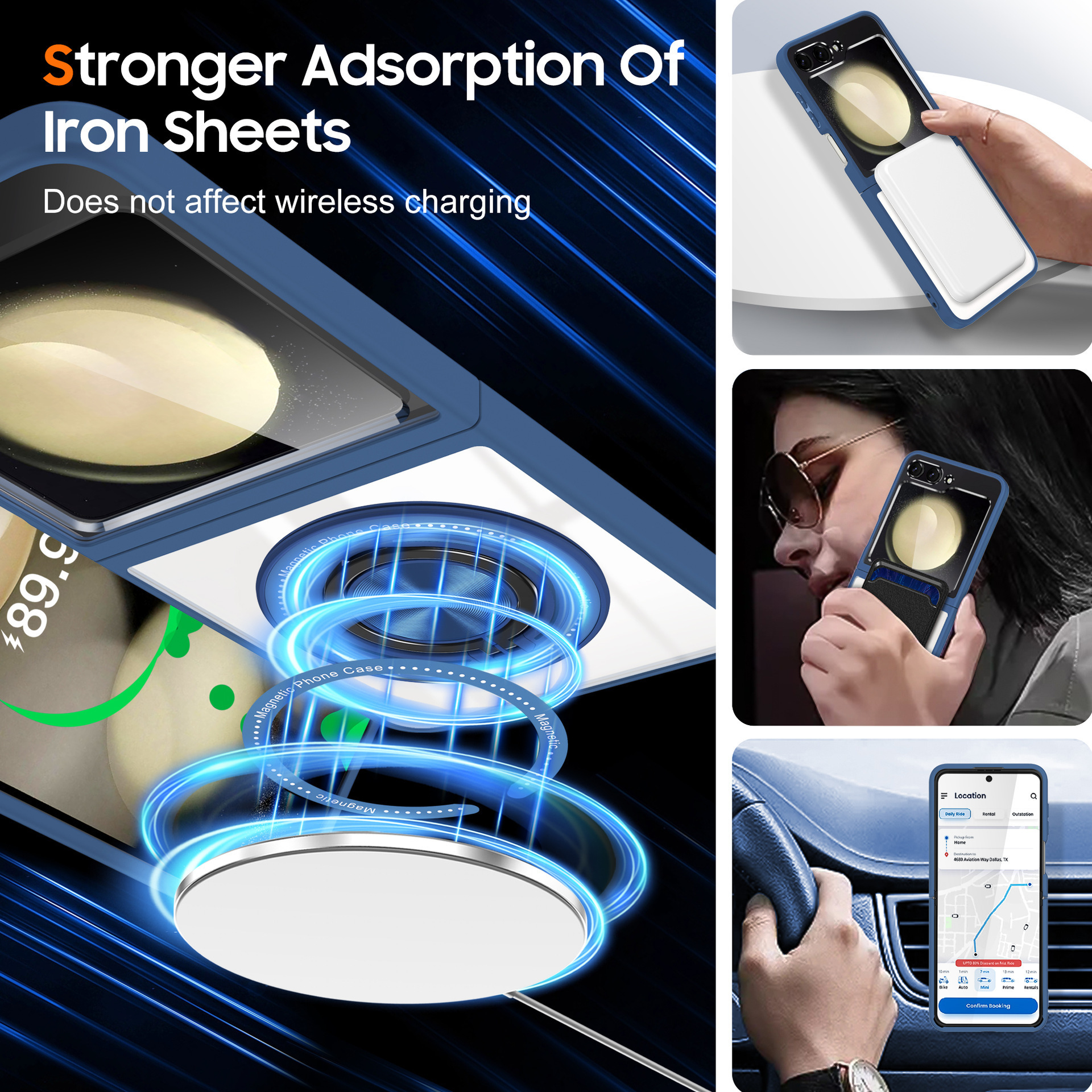Compatible with Samsung Z Flip 7/6/5 phone case, 360° rotating stand, magnetic wireless charging, transparent drop-proof protective case.