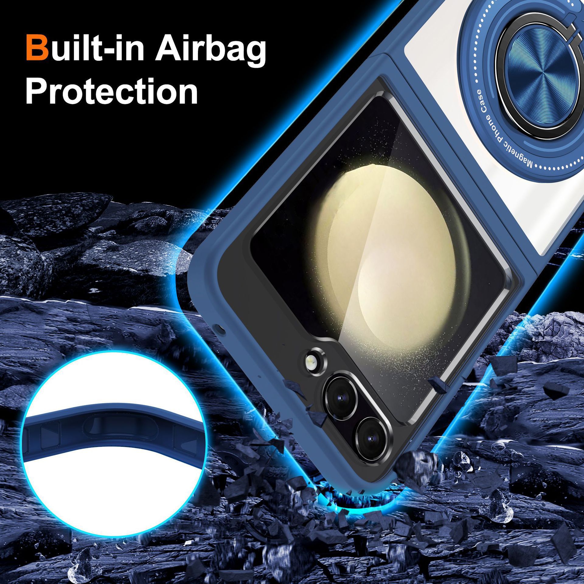Compatible with Samsung Z Flip 7/6/5 phone case, 360° rotating stand, magnetic wireless charging, transparent drop-proof protective case.
