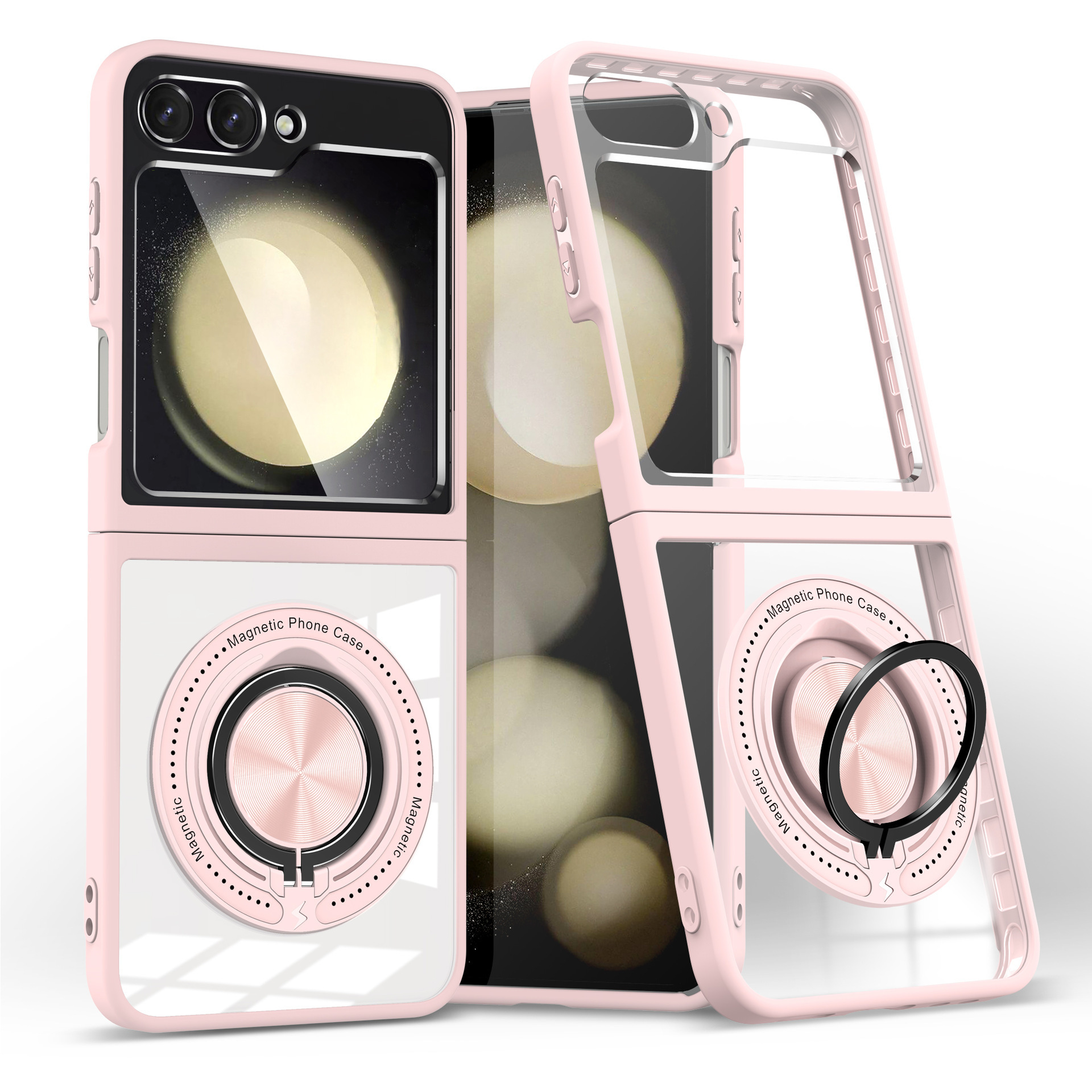 Compatible with Samsung Z Flip 7/6/5 phone case, 360° rotating stand, magnetic wireless charging, transparent drop-proof protective case.