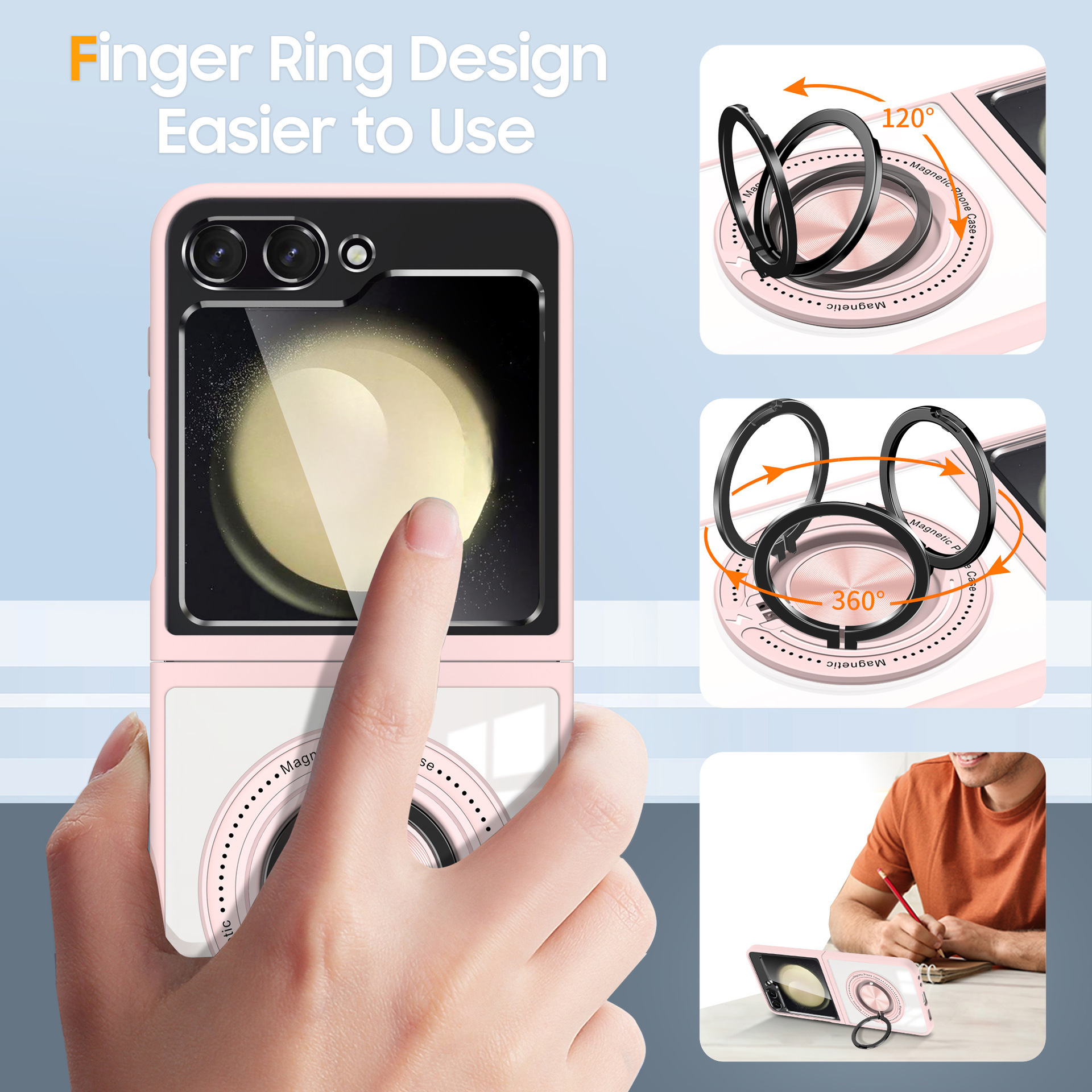 Compatible with Samsung Z Flip 7/6/5 phone case, 360° rotating stand, magnetic wireless charging, transparent drop-proof protective case.