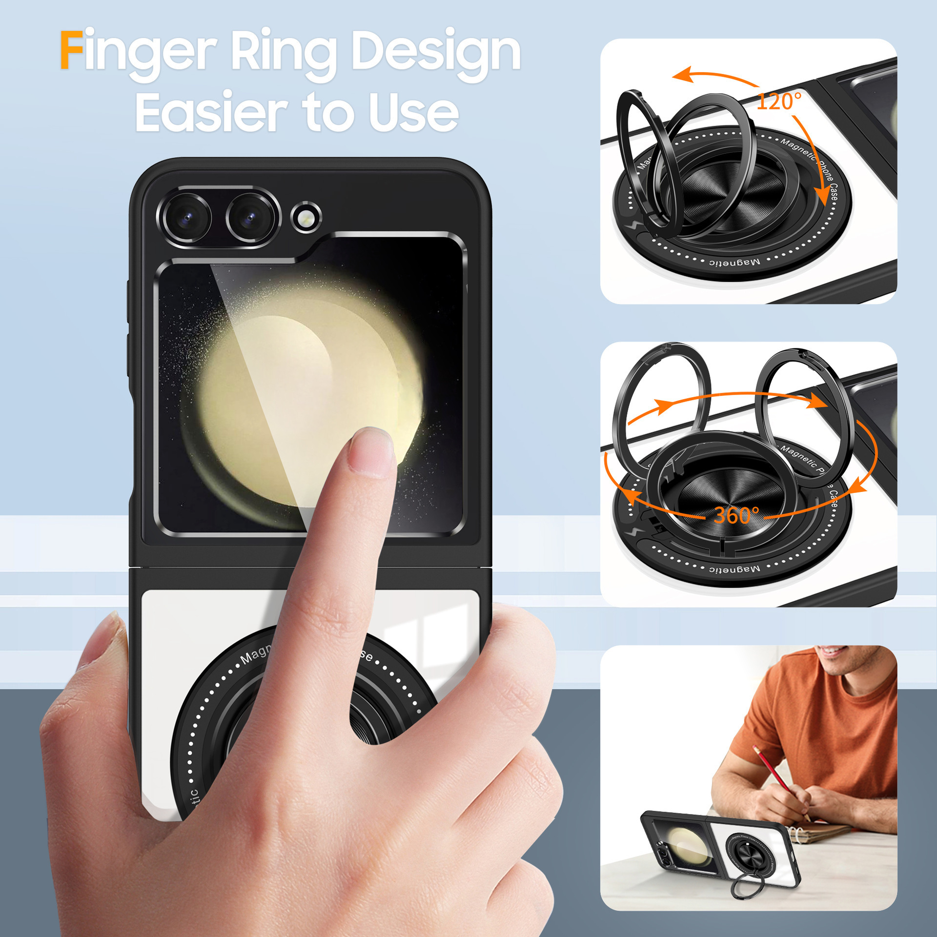 Compatible with Samsung Z Flip 7/6/5 phone case, 360° rotating stand, magnetic wireless charging, transparent drop-proof protective case.