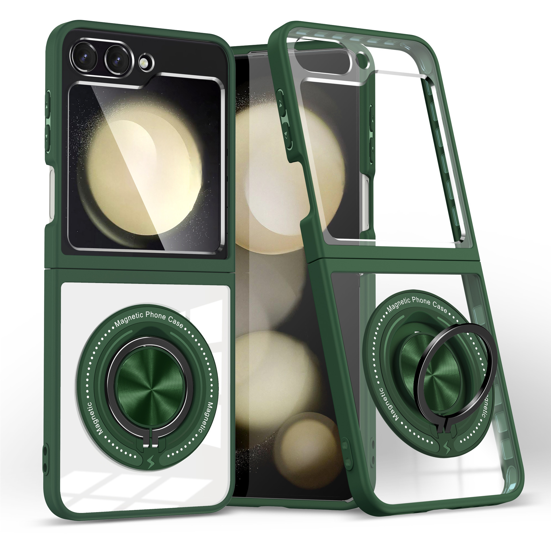 Compatible with Samsung Z Flip 7/6/5 phone case, 360° rotating stand, magnetic wireless charging, transparent drop-proof protective case.