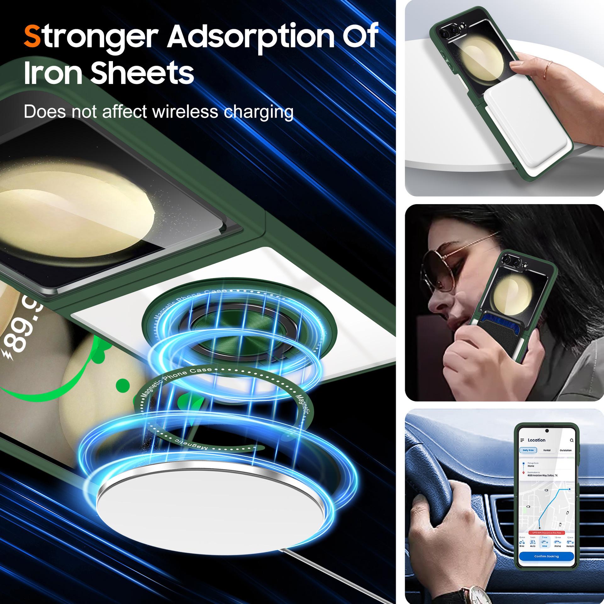 Compatible with Samsung Z Flip 7/6/5 phone case, 360° rotating stand, magnetic wireless charging, transparent drop-proof protective case.