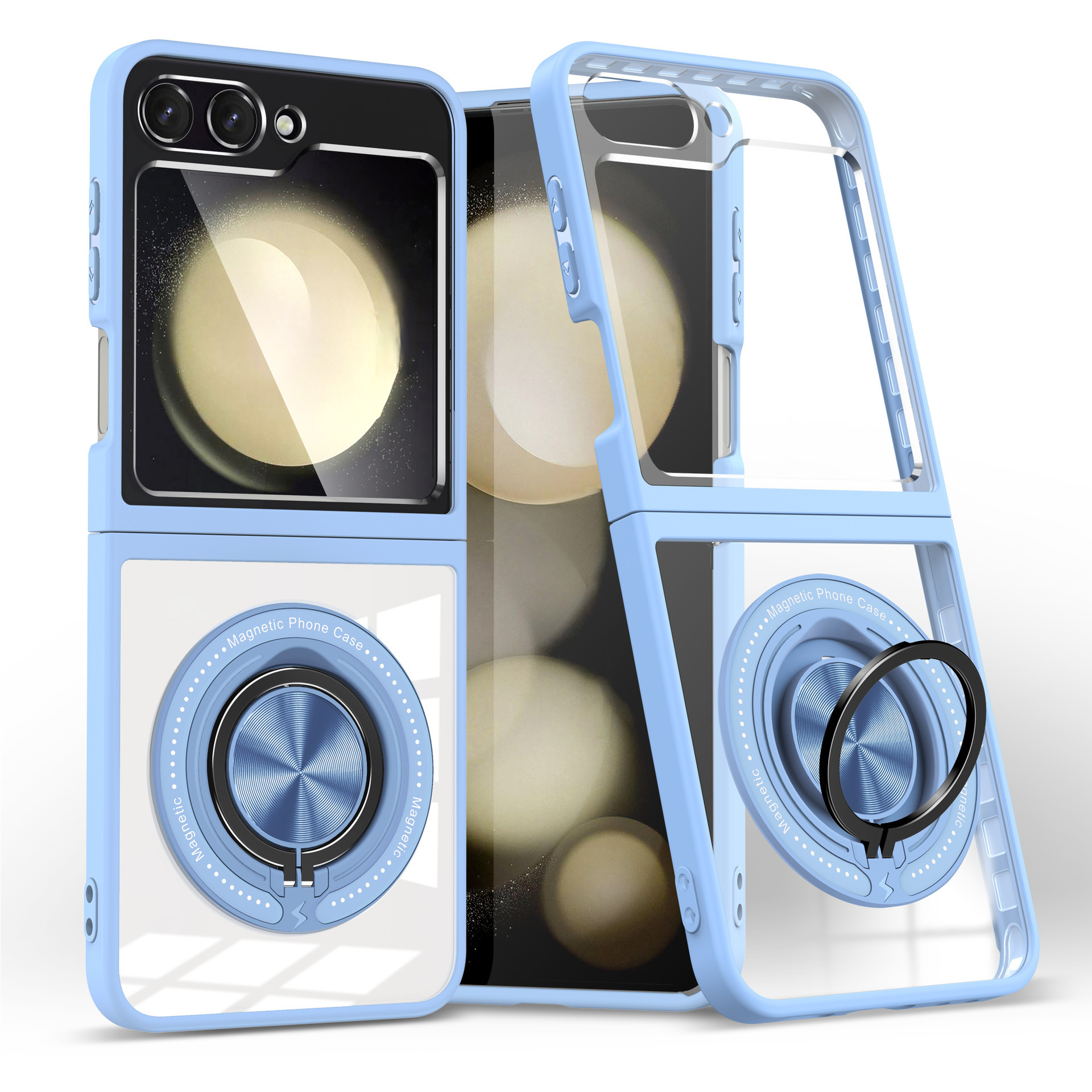 Compatible with Samsung Z Flip 7/6/5 phone case, 360° rotating stand, magnetic wireless charging, transparent drop-proof protective case.
