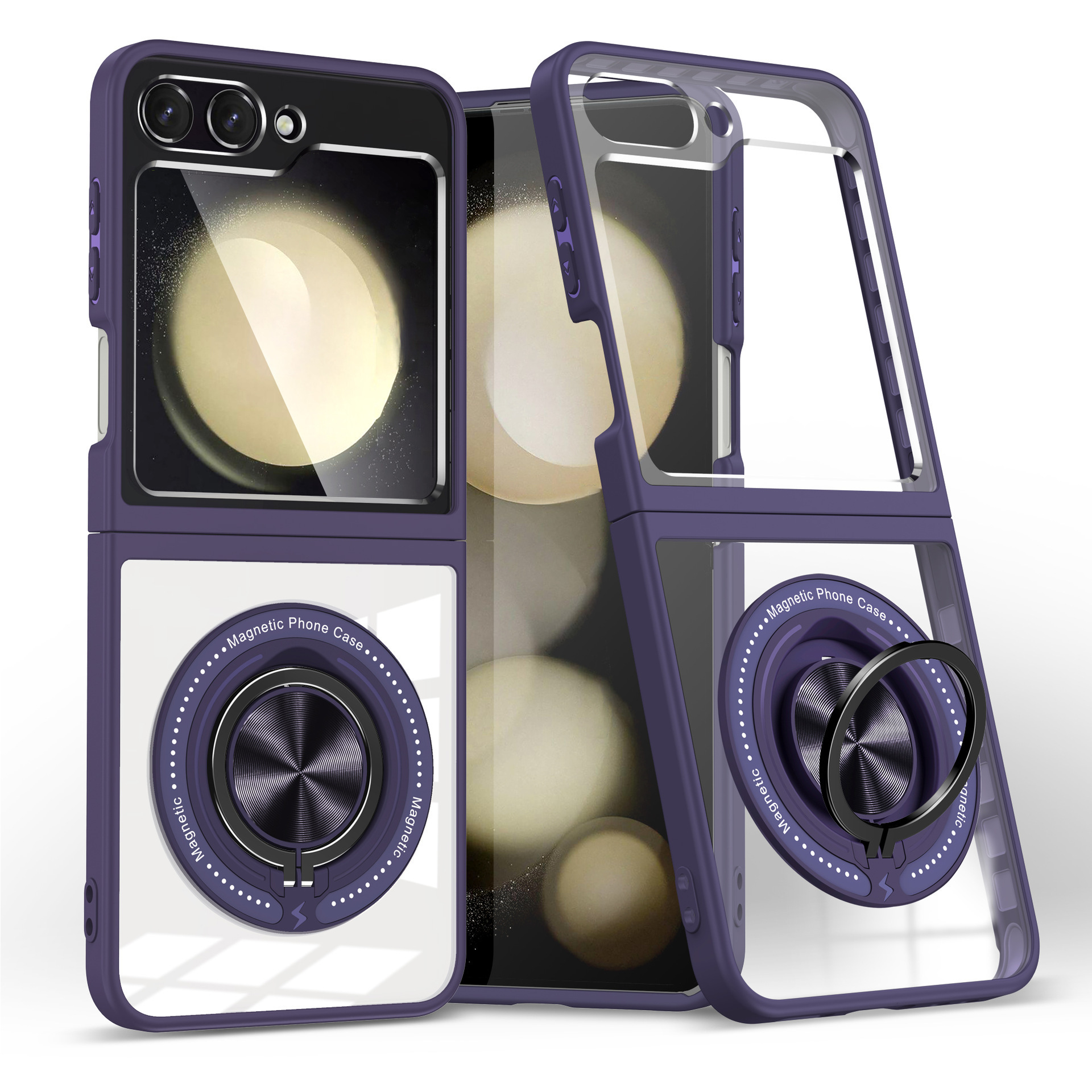 Compatible with Samsung Z Flip 7/6/5 phone case, 360° rotating stand, magnetic wireless charging, transparent drop-proof protective case.