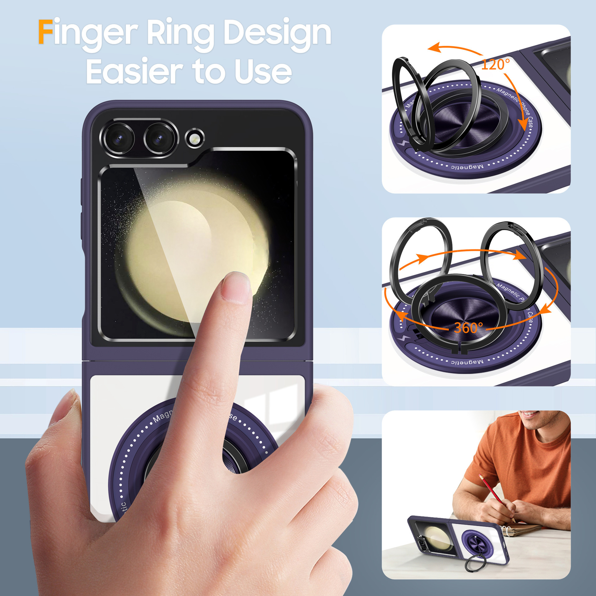 Compatible with Samsung Z Flip 7/6/5 phone case, 360° rotating stand, magnetic wireless charging, transparent drop-proof protective case.