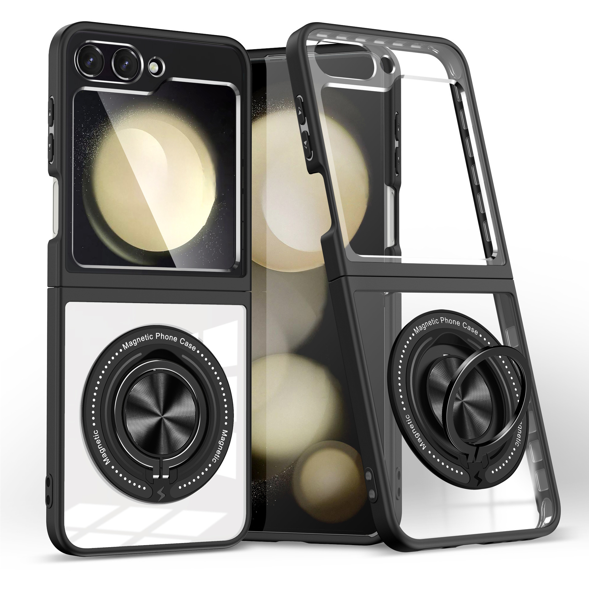 Compatible with Samsung Z Flip 7/6/5 phone case, 360° rotating stand, magnetic wireless charging, transparent drop-proof protective case.