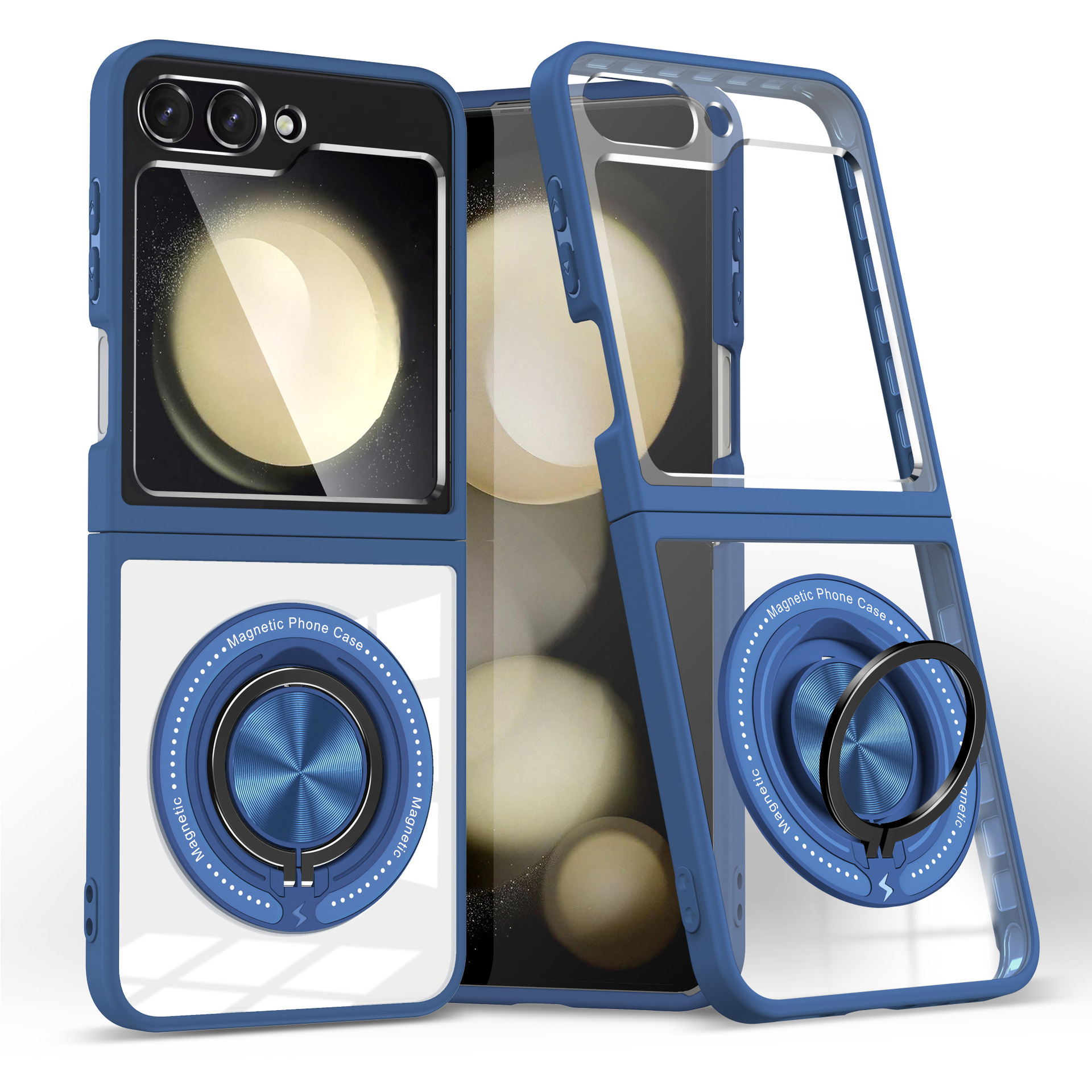Compatible with Samsung Z Flip 7/6/5 phone case, 360° rotating stand, magnetic wireless charging, transparent drop-proof protective case.