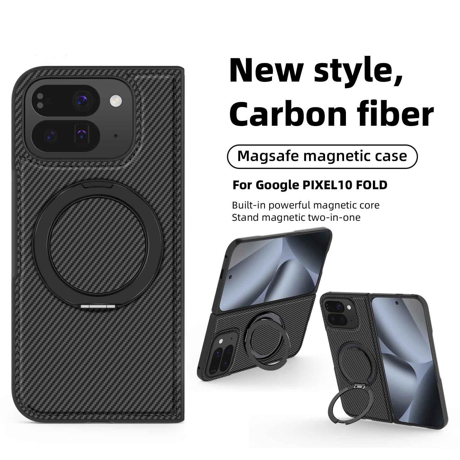 Compatible with Google Pixel 10 Pro Fold phone case, magnetic rotating stand, 9Fold carbon fiber leather textured protective case
