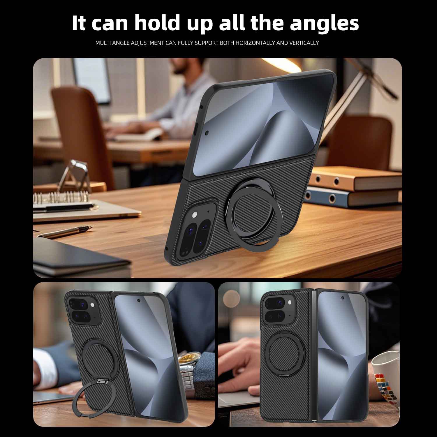 Compatible with Google Pixel 10 Pro Fold phone case, magnetic rotating stand, 9Fold carbon fiber leather textured protective case