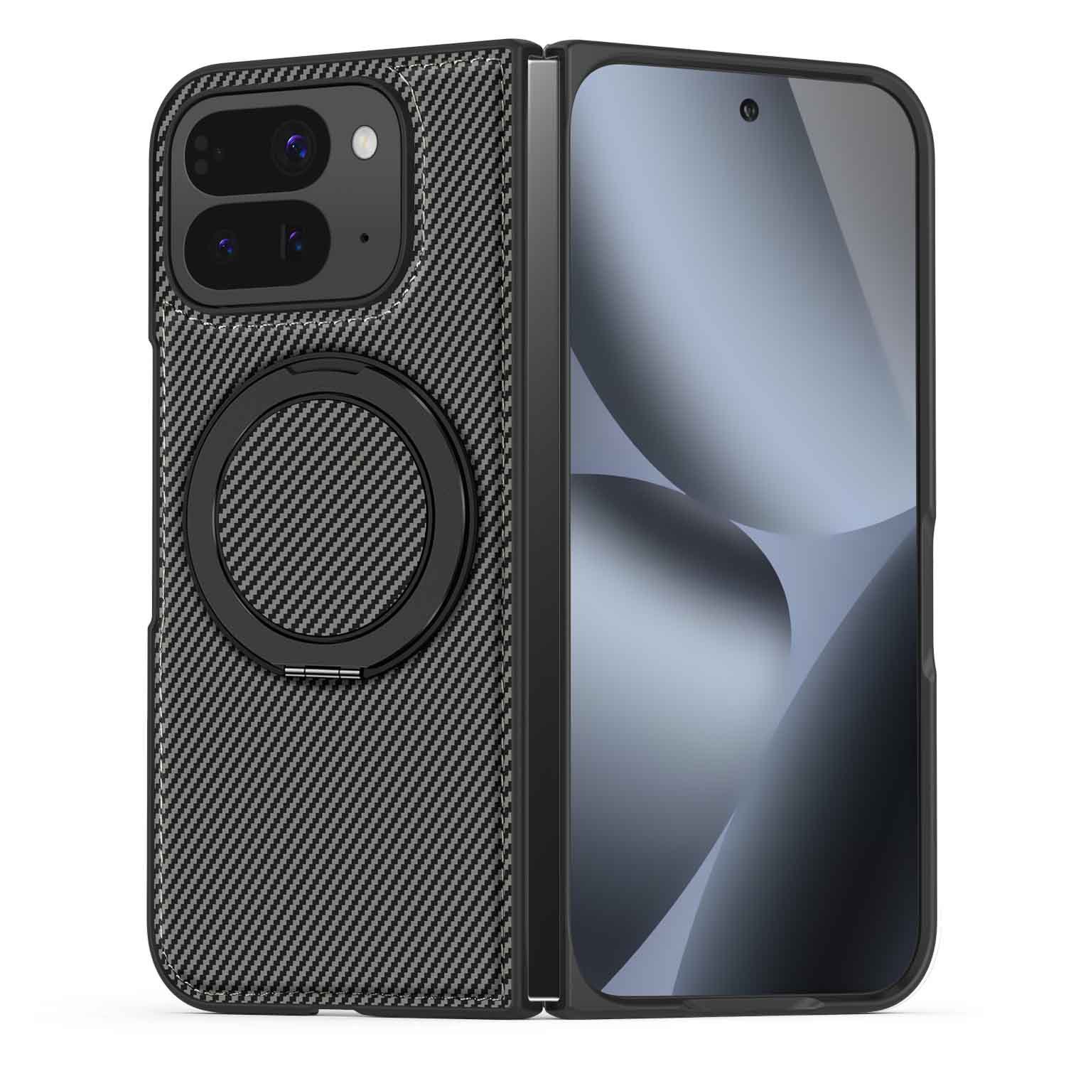 Compatible with Google Pixel 10 Pro Fold phone case, magnetic rotating stand, 9Fold carbon fiber leather textured protective case